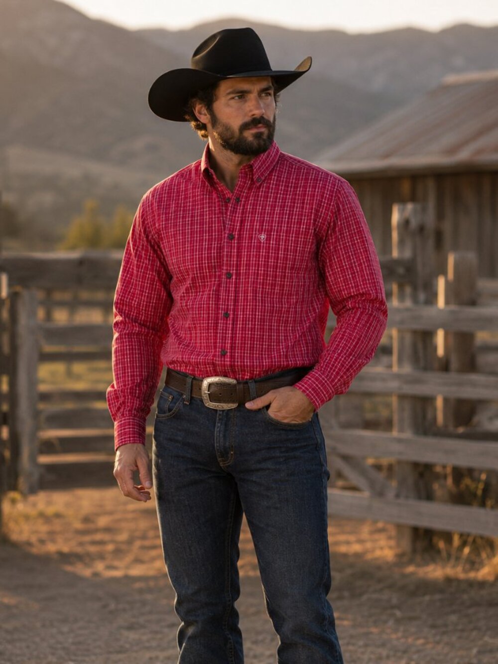 Ariat Pro Series Men’s Medium Pink Red Plaid Long Sleeve Western Shirt